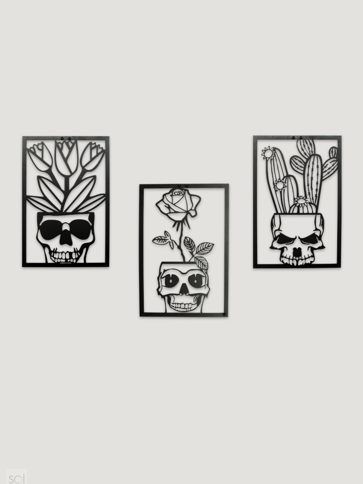 MEMENTO MORİ KURU KAFALAR 3'LÜ METAL DUVAR TABLOSU