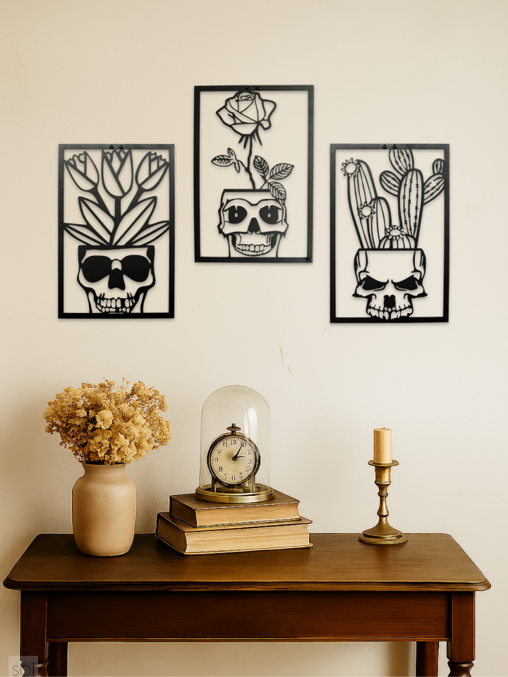 MEMENTO MORİ KURU KAFALAR 3'LÜ METAL DUVAR TABLOSU