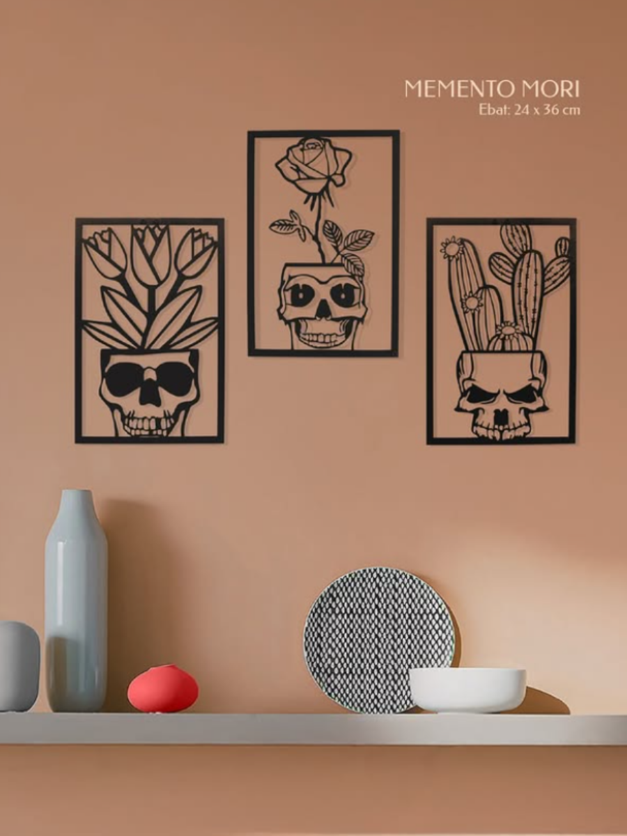 memento mori kuru kafalar 3lü metal duvar tablosu